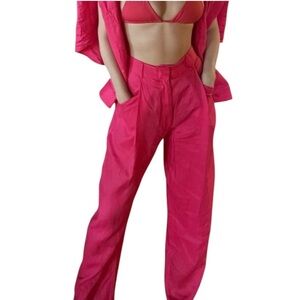 AEXAE 100% Linen High Waisted Wide Leg Trouser Pants Pink Women's Size
Small